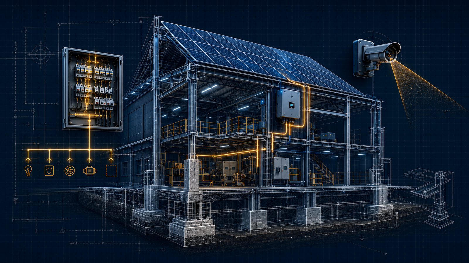 Corte esquemático holográfico de una edificación con instalaciones eléctricas, solares y de seguridad, integrando las líneas de servicio de FRANSA INGENIERÍA